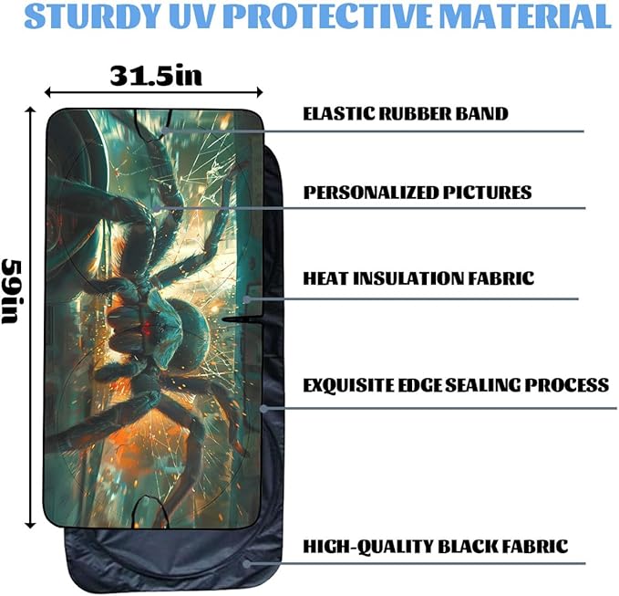 Horror Car Windshield Sunshades Giant Spider Breaking Through Windshield Front Window Sun Shade Blocks UV Rays Sun Visor Protector for Car Sedan Truck SUV Accessories 59" L x 31.5" W