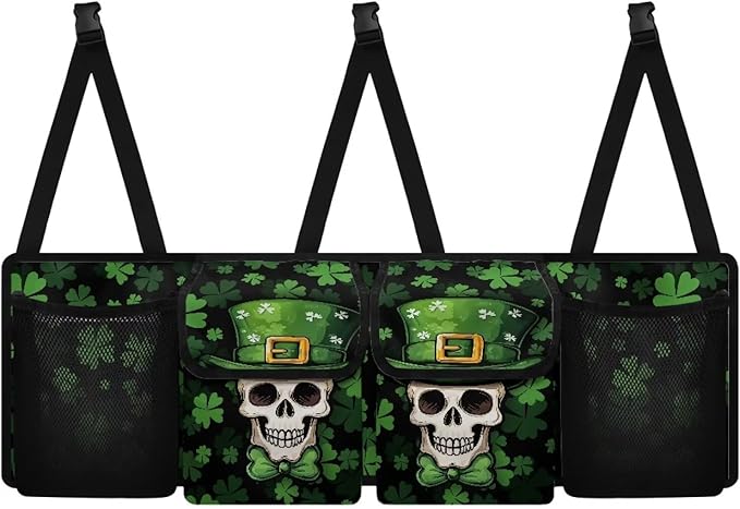 St. Patrick Day Skull Car Trunk Organizer for Women Men Hanging Suv Trunk Organizer Green Leaves Foldable Cargo Bag,4 Compartments,Frees Trunk Floor