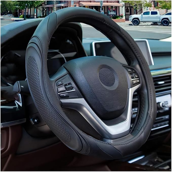 15 Inch Car Leather Steering Wheel Cover, Automotive Accessories Elastic Breathable Anti-Slip Soft Wheel Protector Fits Men and Women, Suitable for SUVs, Trucks, Vehicles and RVs (Black)