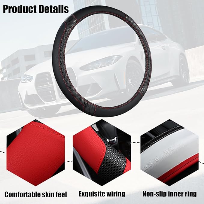 Car Steering Wheel Cover, 14.97 Inch Leather Non-Slip Vehicle Steer Wheel Protector, Soft & Breathable Automotive Interior Protection Accessories, Universal for SUV Sedan Truck (Black)