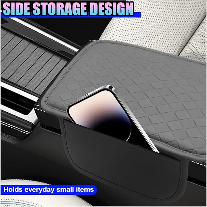 Leather Car Center Console Cover, Anti-Scratch Auto Middle Console Protective Cushion with 2 Storage Bags, Universal Waterproof Vehicle Armrest Pad Accessory for Sedan, SUV, Truck (Gray)