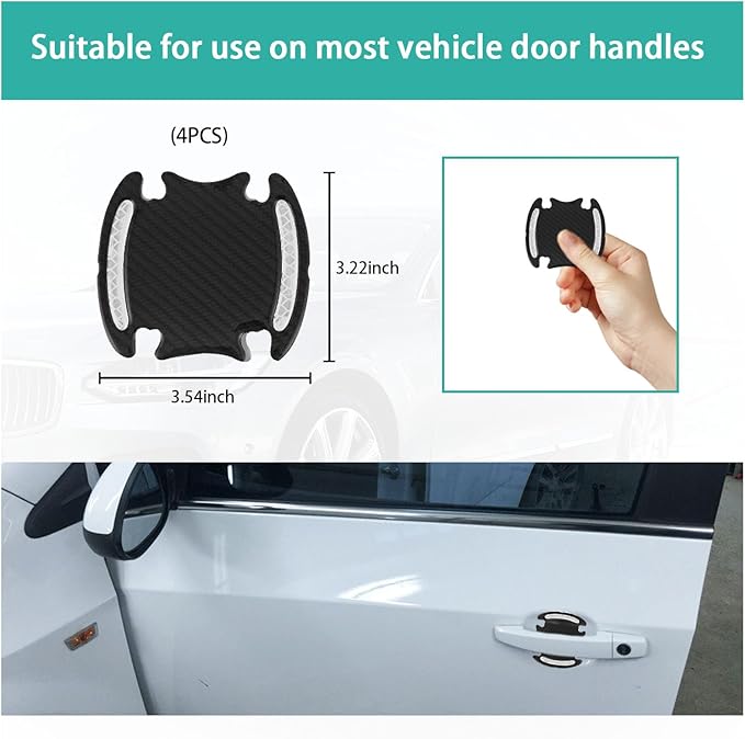 Augeny 4 Reflective Stickers, 3D Carbon Fiber Door Handle Guard, Anti-Scratch Bowl Protective Film for Most Cars (White)