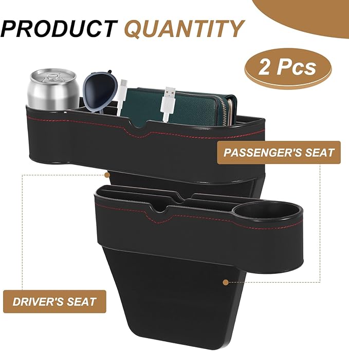 HARFINGTON 2pcs Car Seat Gap Filler Organizer 10.6 x 7.1 x 2.8 Inch ABS+Leather Universal Car Organizer Storage Box Between Seat and Console (Left+Right) with Cup Holders for Phone, Black