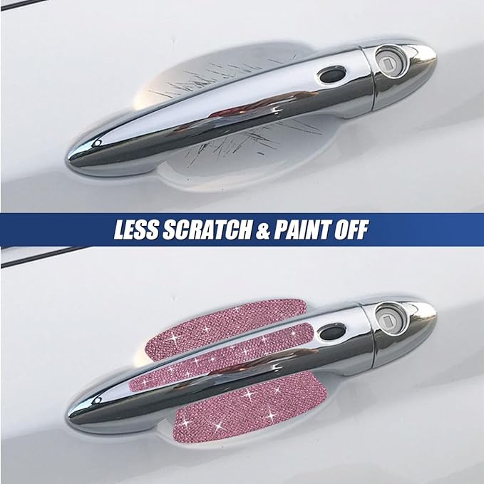 10PCS Bling Car Door Handle Protector, Crystal Rhinestone Anti-Scratch Car Bowl Decoration Sticker Decal, Universal Auto Exterior Door Protective Covers Accessories for Women (Pink)