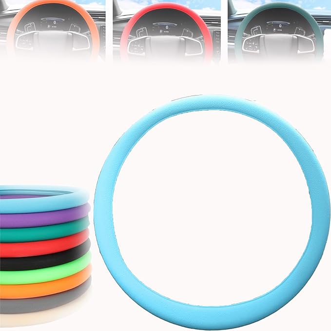 Cool Non-Slip Silicone Steering Wheel Protector, Car Steering Wheel Protective Cover, Non-Slip Car Steering Wheel Cover, Universal Fit Easy to Clean Steering Wheel Cover (Light Blue),rzx123
