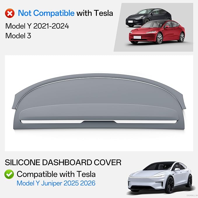 Dashboard Cover for Tesla Model Y Juniper 2026 2025, Non-Slip Silicone Dash Cover, Soft Anti-Glare Sunshade Pad Mat, UV-Proof Dash Surface Protector Covers, Interior Auto Accessories, Gray