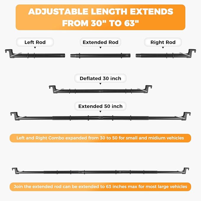 Car Clothes Hanger Bar, Heavy Duty Adjustable 30–63” Clothes Bar for Car, 132LB Load Steel Hanger Rod with 9 Anti-Slip Rings for SUV Truck RV Travel, Wrinkle-Free Clothing Organizer (Black)