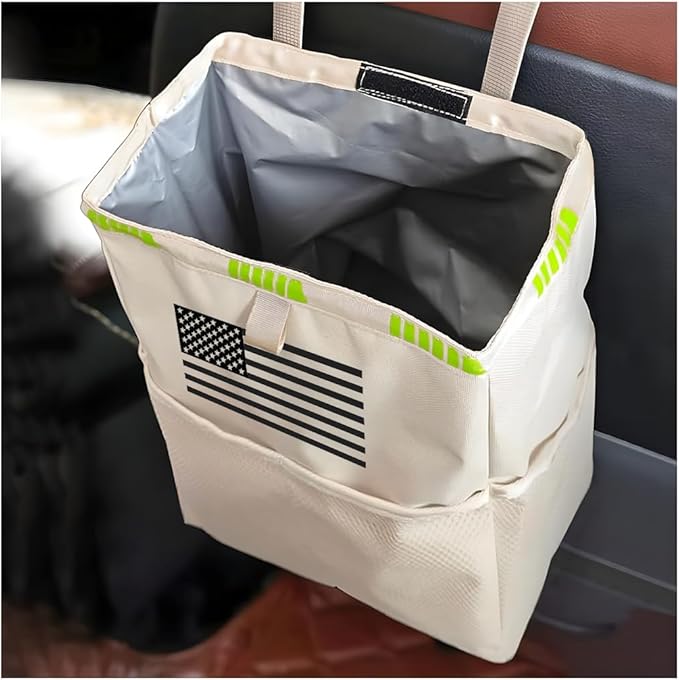 Fekey&JF Hanging Car Trash Can with Storage Pockets, Waterproof Leakproof Oxford Auto Garbage Bag, Multi-Use Organizer for Outdoor Traveling, Foldable Trash Bin for Truck, SUV, Home (Beige-Black)