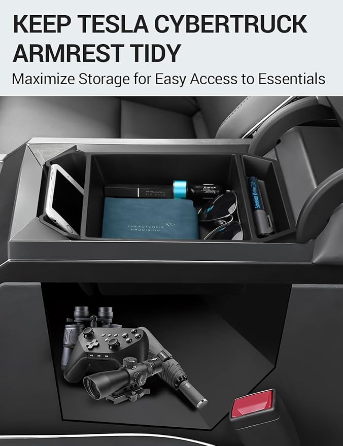 Motrobe Center Console Organizer for 2024-2026 Tesla Cybertruck Accessory Premium TPE Anti-Slip Armrest Storage Tray, OEM-Style Interior Accessories, No-Rattle Insert Box for Sunglasses, Phone & Coins