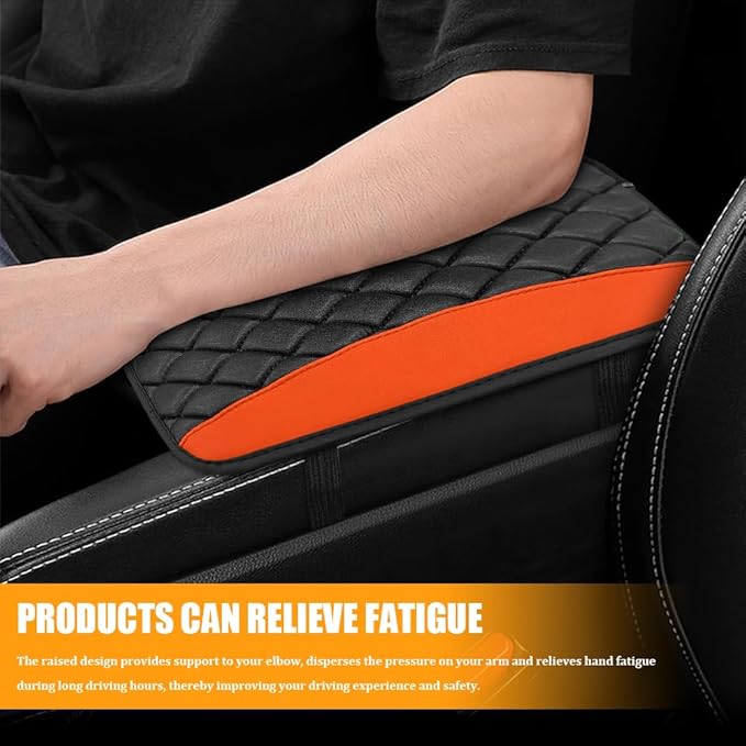 Car Center Console Cover, Leather Waterproof Armrest Seat Box Cushion Pad, Universal Decor Protector Mat, Comfortable Car Decor Accessories Fit for Most Cars, Vehicles, SUVs (Orange)