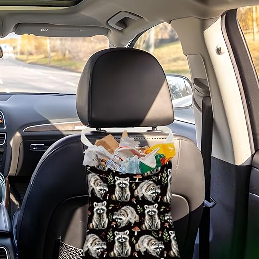 2PCS Leopard Raccoon Print Car Trash Bag Portable Hanging Garbage Bag with Snap Buttons Back Seat Reusable Rubbish Storage Dustbin for Women Man Car Interior Accessories Kitchen Home Travel
