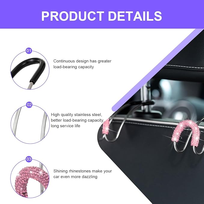 Bling Car Headrest Hook, 2PCS Crystal Rhinestone Vehicle Seat Purse Bag Organizer Hanger, Diamond Automotive Backseat Storage Holder Hook Accessories, Universal for SUV Truck Van (Pink)