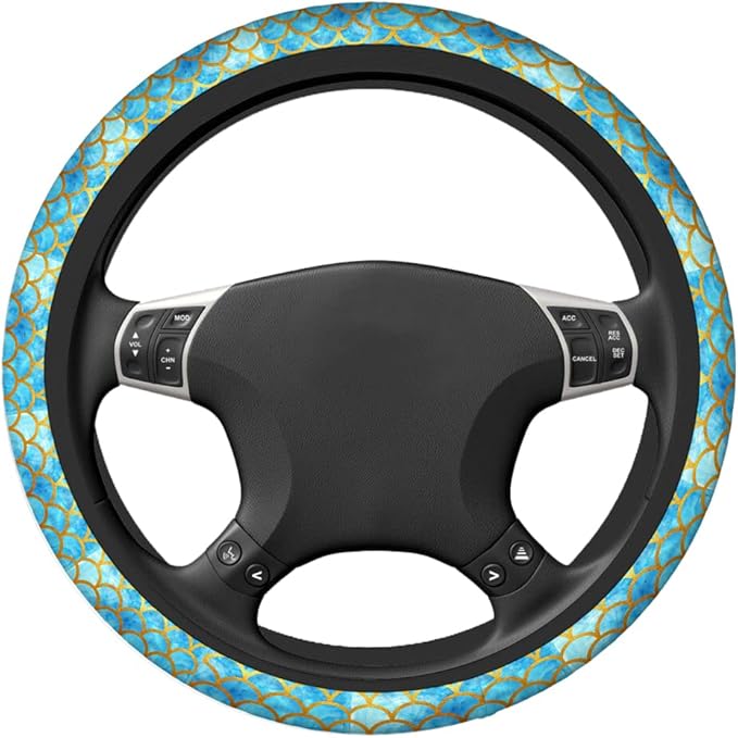 Swono Automotive Steering Wheel Covers Mermaid Scales Watercolor Blue and Gold Fish Scales Neoprene Car Wrap Cover Stretch-On Fabric Breathable Universal 15 Inch for Women Men