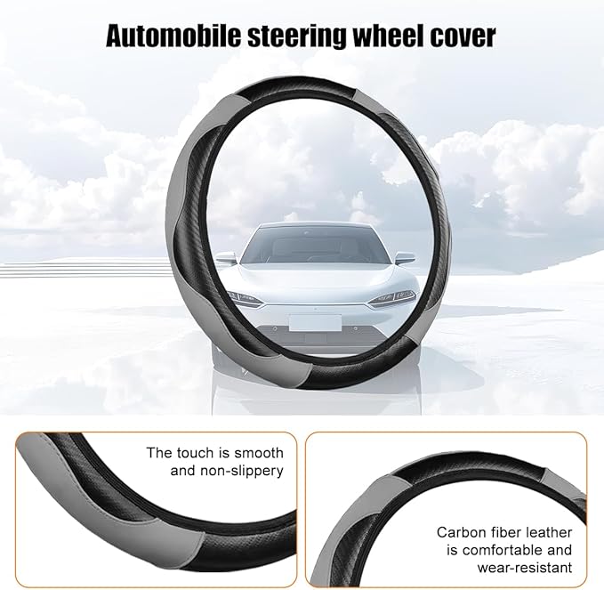 Carbon Fiber Car Steering Wheel Cover, 14.5-15 Inch Elastic Stretch Steering Wheel Guard, Sports Style Non-Slip Automotive Interior Accessories, Universal for Vehicles (Black/Gray)