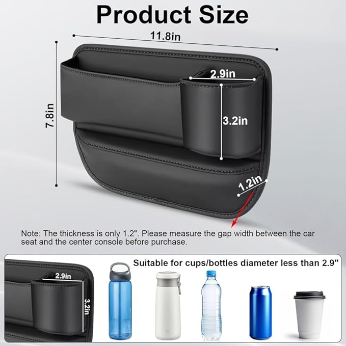 Car Seat Gap Filler Organizer with Cup Holders, Seat Gap Storage Box for Drinks, Phones, Keys, Sunglasses, Cards, and Small Essentials (Black, Driver's Seat)