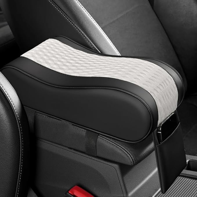 Car Armrest Cushion, Memory Foam Auto Center Console Armrest Pillow Pad with Storage Bag, Breathable Leather Middle Console Protective Pad with Phone Holder Relieve Elbow Pressure (WhiteGray)