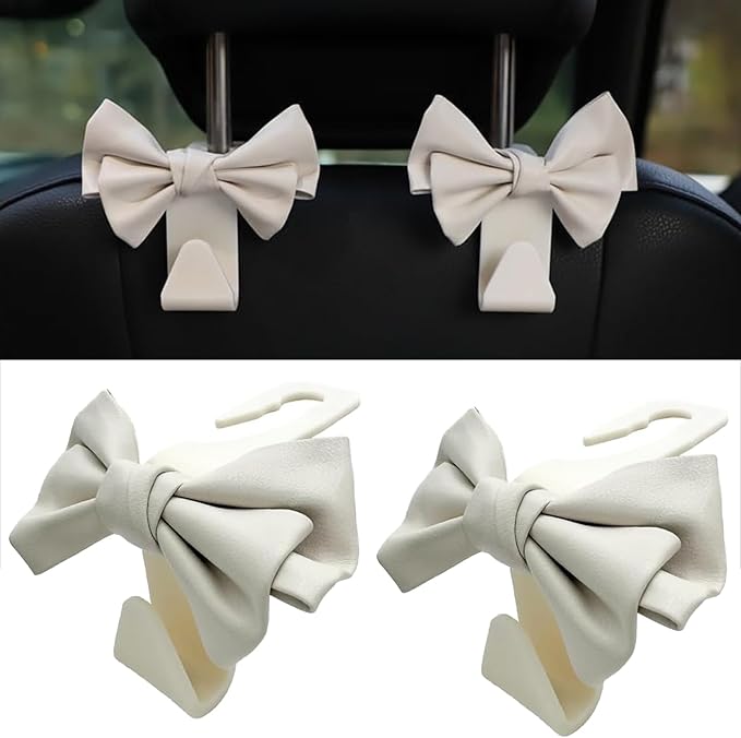 Car Purse Hook for Car 2 Pcs White Cute Bow Car Seat Headrest Hook ,Cute Bow Shaped Vehicle Backseat Storage Hooks, Car Seat Storage Organizer Bag Hooks for Wallets,Coats,Umbrellas,Car Accessories