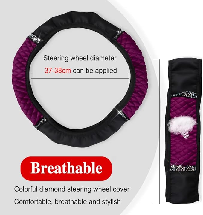 Bling Soft Leather Steering Wheel Cover, Anti-Slip Car Steering Wheel Protector, 15 Inch Rhinestones Soft Leather Elastic Steering Wheel Protector for Women Girls, Car Accessories for Most Cars