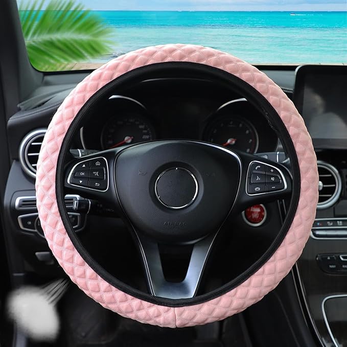 zipelo Elastic Stretch Steering Wheel Cover, Microfiber Breathable Ice Silk, Universal 15 Inch Anti-Slip Car Steering Wheel Protector, Warm in Winter and Cool in Summer, for Men and Women (Pink)