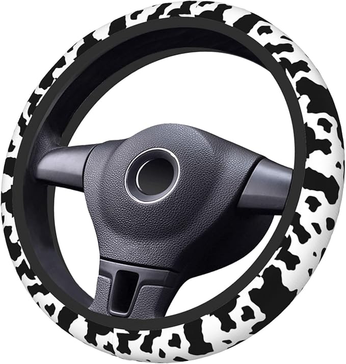 Black White Cow Print Neoprene Steering Wheel Cover for Men Women Anti-Slip Elastic Steering Wheel Protective Cover 15in Universal Car Accessories Fit Cars, SUVs, Auto