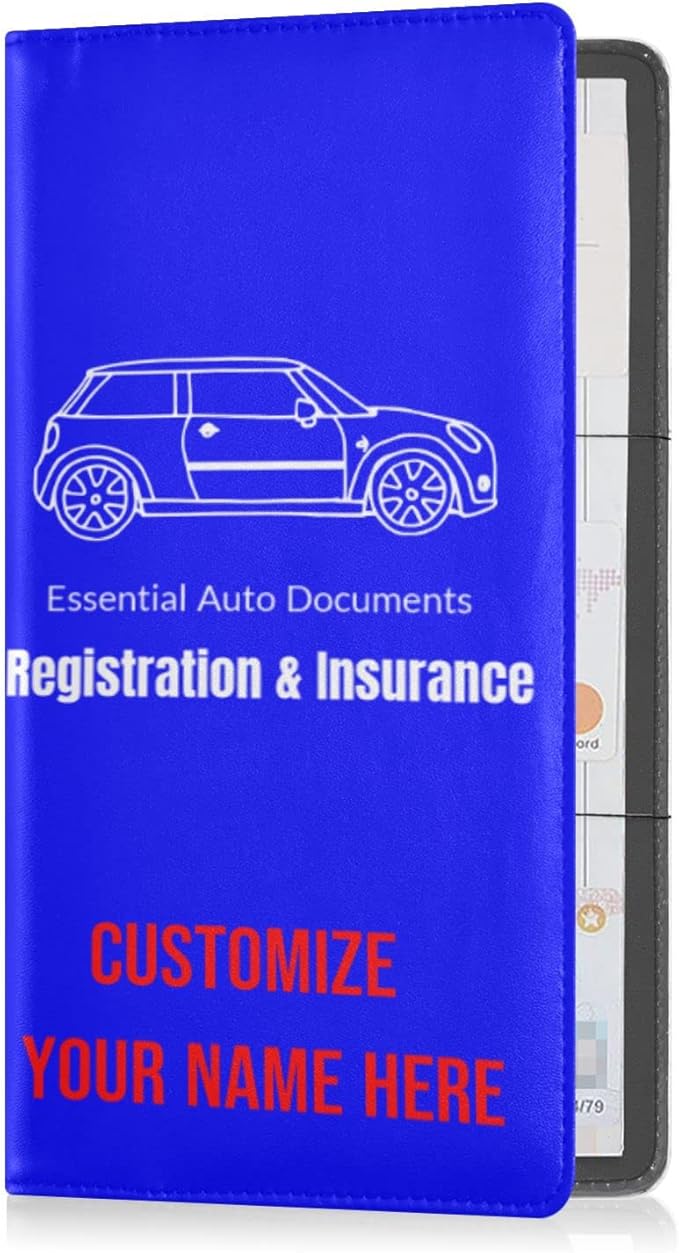 Custom Car Registration and Insurance Card Holder Personalized Leather Glove Box Organize Men Women Wallet Accessories Case for Cards, Essential Document Driver License Blue