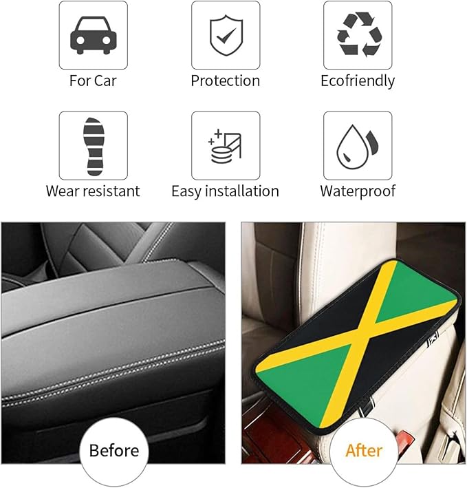 Jamaican Flag Car Center Console Cover, Universal Waterproof Armrest Pad, Soft Comfort Cushion & Scratch-Resistant Protector for Cars, SUVs and Trucks