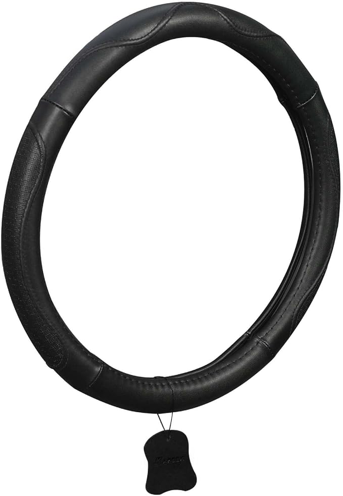 KAFEEK Genuine Leather Steering Wheel Cover 15 inches, Pure Cowhide Steering Wheel Cover Men Women, Car Accessories for Car SUV Truck, Black