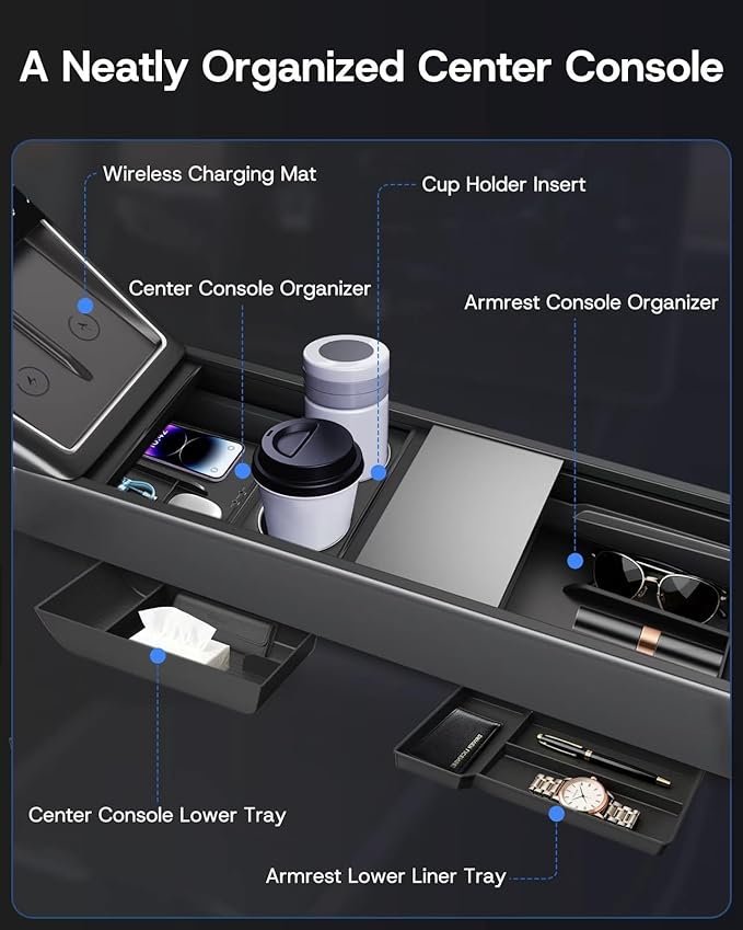 Center Console Organizer Tray for Tesla Model Y Juniper Accessories 2025 2026 [Premium PC + Silent Silicone Liner] Armrest Bottom Liners Wireless Charging Pad Cup Holder for Tesla Model Y Accessories