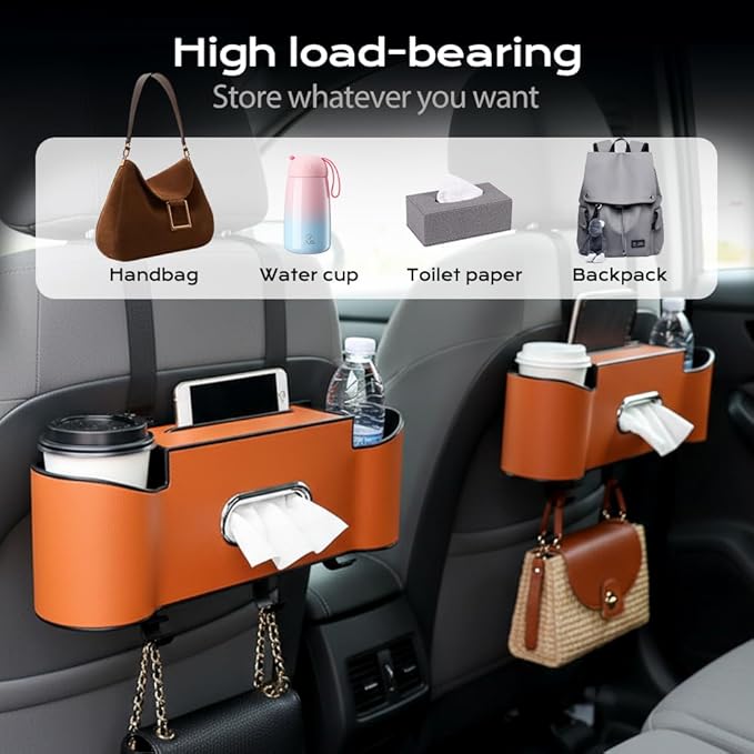 asfanst 3-in-1 Car Backseat Organizer with Cup Holder, Tissue Box, and Hooks, Multifunctional Back Seat Storage for Phones, Snacks, Drinks, and Handbags (1, Red)