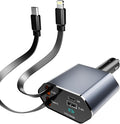 Retractable Car Charger - 4 in 1 Fast Car Phone Charger, 60W, 2 Retractable Cables, 2 USB Ports & Voltage Display, Compatible with iPhone 16/15/14/13/12/11 Series and Android
