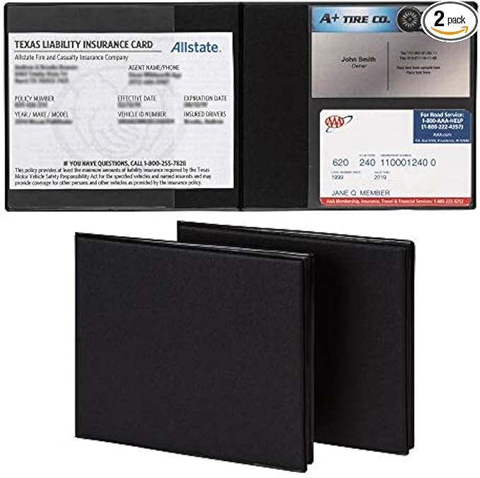 Samsill 2 Pack Car Registration and Insurance Holder, 5.25" x 4.75" Black Glove Box Organizer, Perfect for Multiple Vehicles