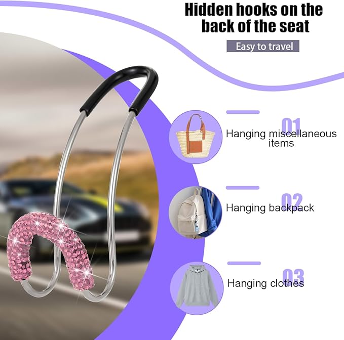 Bling Car Headrest Hook, 2PCS Crystal Rhinestone Vehicle Seat Purse Bag Organizer Hanger, Diamond Automotive Backseat Storage Holder Hook Accessories, Universal for SUV Truck Van (Pink)