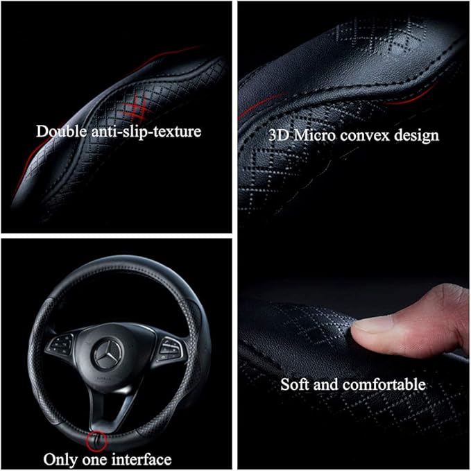 Red Rain Black and Blue Leather Steering Wheel Cover Cowhide Car Steering Wheel Cover Universal Size M / 15inch Fit Car/Auto/SUV (A-Black+Blue-M)
