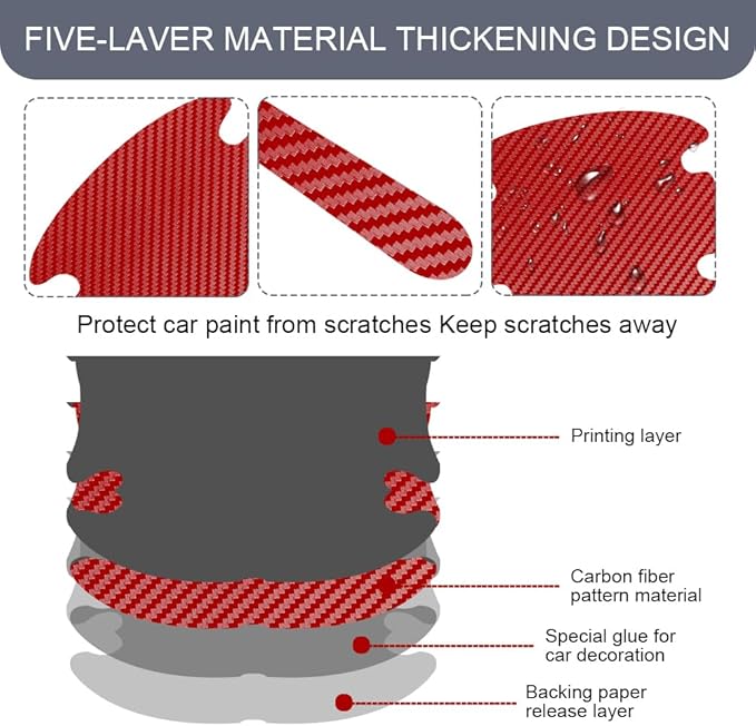 8PCS Car Door Handle Scratch Protector, Car Door Handle Sticker, Carbon Fiber Auto Doors Handles Paint Guard Cover, Waterproof Auto Paint Guard Protective Films Fit for Most Vehicles (Red)