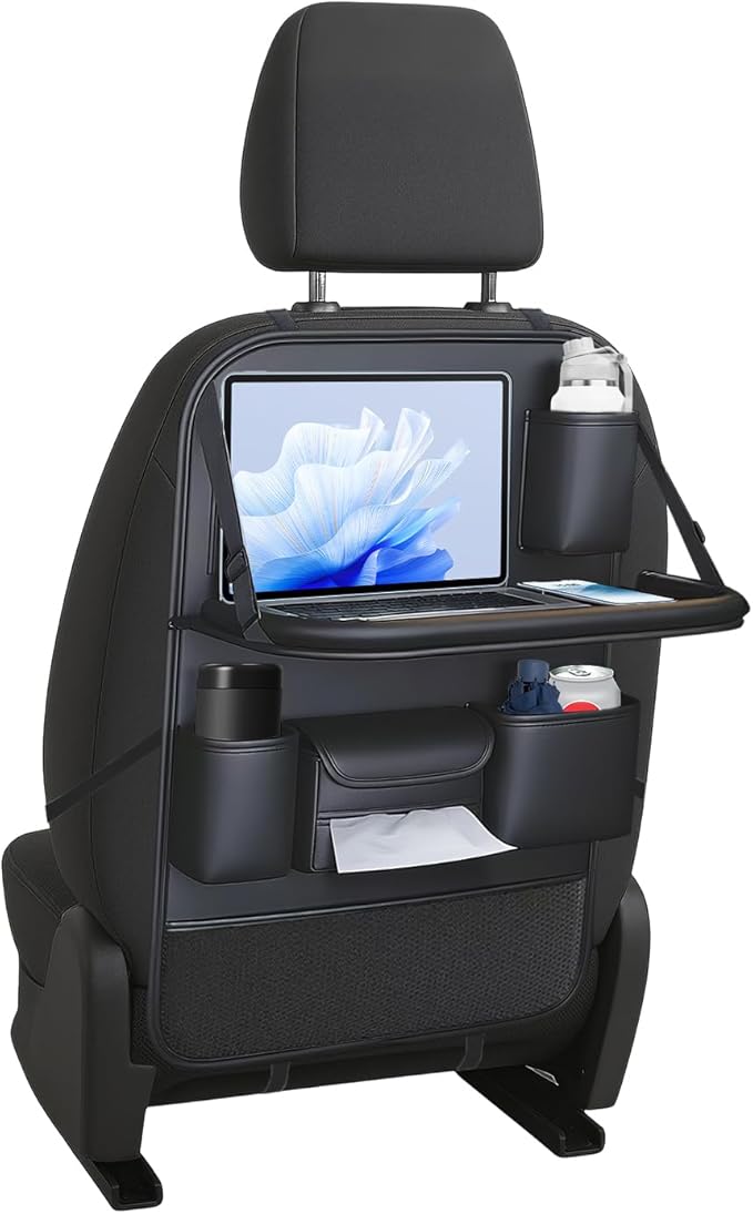VEHIRIE Car Backseat Organizer with Foldable Table Tray, Premium Leather Car Seat Back Protectors Kick Mats for Kids, Toy Storage Box with 10 Inch Touch Screen, Tablet Holder