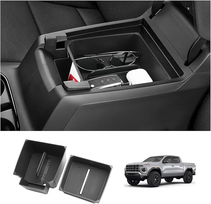 LUWU Center Console Organizer for 2023 2024 2025 2026 Chevrolet Colorado & GMC Canyon Accessories Armrest Console Storage Box Glove Organizer Tray ABS Material Double-layer Design Storage Box (Black)