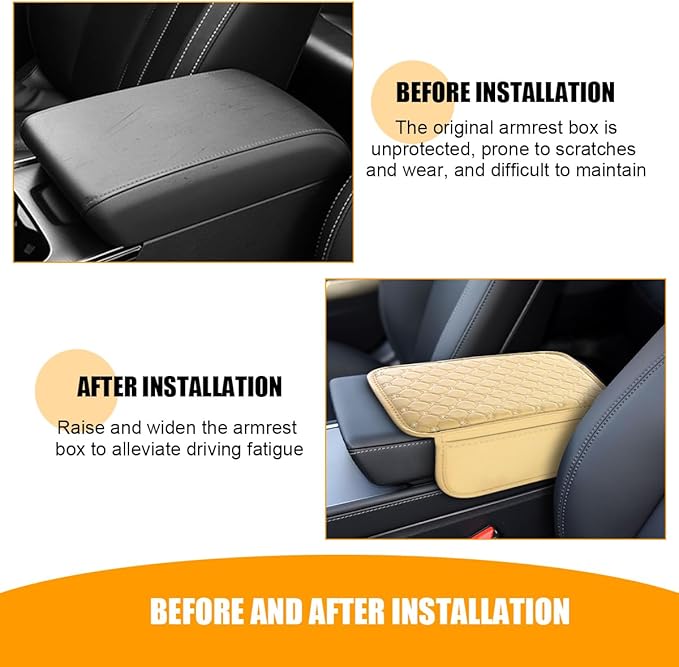 Bling Car Center Console Cover, Leather Crystal Rhinestone Vehicle Armrest Cushion Pad with Side Storage Bags, Scratch Resistant Auto Middle Console Protection Mat, Universal Fit (Beige)