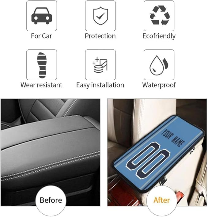 Custom Car Armrest Cover,Add Personalized Name and Number As Gifts for Loyal Football Fans,American Football Auto Center Console Pad Car handrail Box Cushion,Fit for Most Car Seat Box Cover Protector