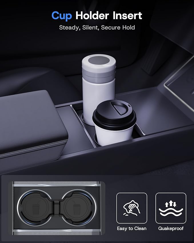 Center Console Organizer for Tesla Model Y Juniper Accessories 2026 2025 & Tesla Model 3 Highland Accessories [Durable PC + Silent Silicone Liner] Armrest Storage Tray Wireless Charging Pad Cup Holder