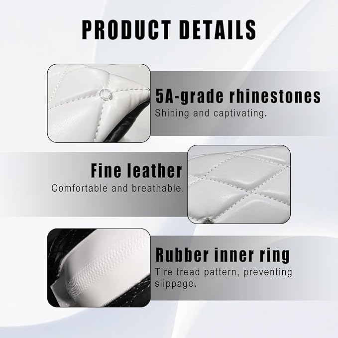 Diamond Leather Steering Wheel Cover Women, Girly Bling Steering Wheel Cover, Sparkly Non-Slip Soft, 15 Inch Interior Accessories for Women Girls Vehicle, Black & White