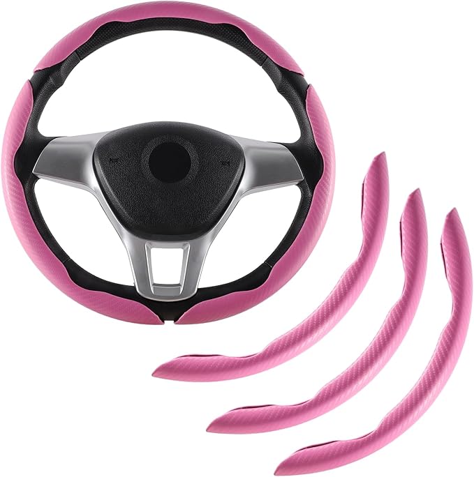 Amiss 3pcs Carbon Fiber Anti-Skid Steering Wheel Cover, Waterproof & Segmented Butterfly Design, Universal 99% Vehicle Wheel Cover Protector, Car Interior Accessories, Pink