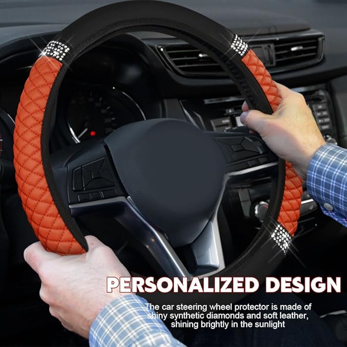 Car Steering Wheel Cover, Steering Wheel Accessories, Breathable Microfiber Leather Auto Wheels Protector, Universal 15 Inch Anti-Slip Protector for SUV Sedan Truck (Bling-Orange)