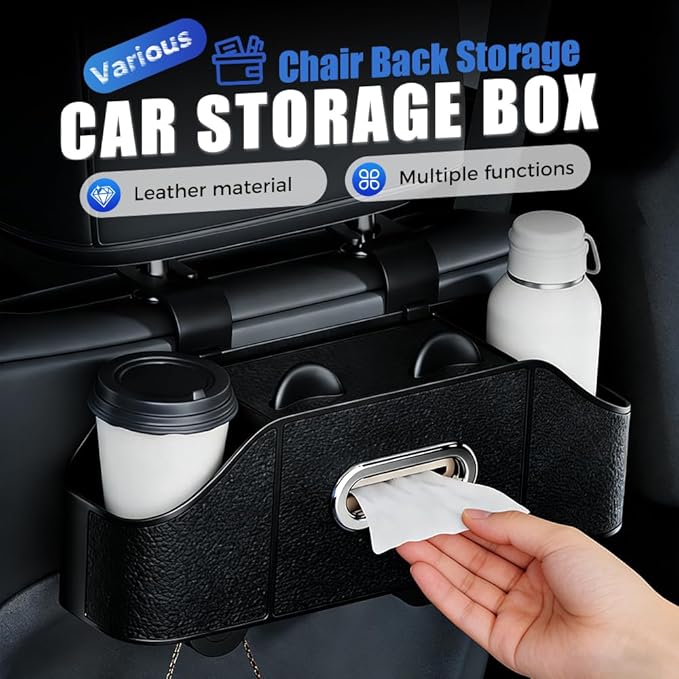 Multifunctional Car Back Seat Storage Organize with Tissue Holder, 2 Cup Holders and Purse Hooks, For Phones, Snacks, Drinks, Bags, Travel Storage (Beige)