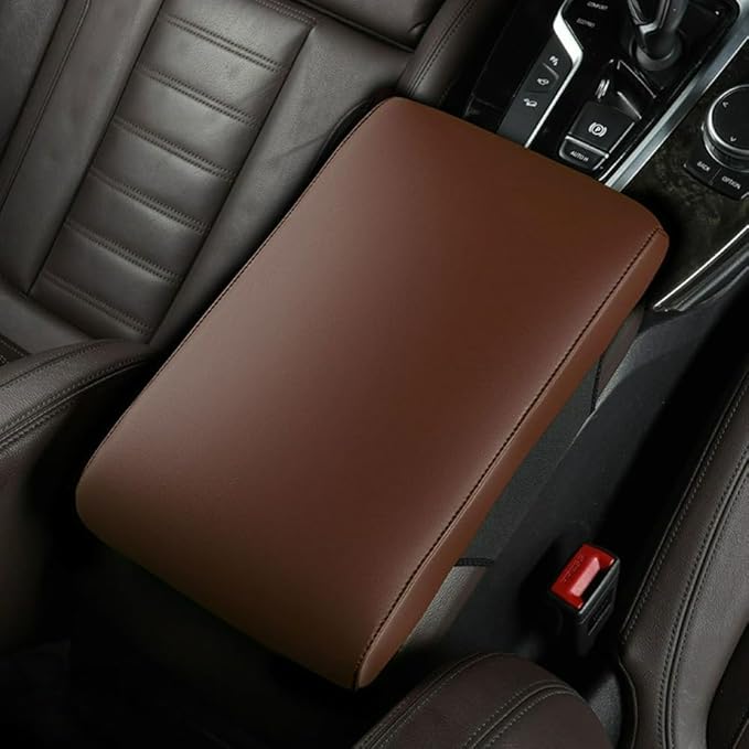 Car Center Console Cover Nappa Leather Memory Foam Armrest Box Seat Box Cushion Protector Pad Comfortable Height Increase Universal for Car Truck SUV (Glossy,Coffee)