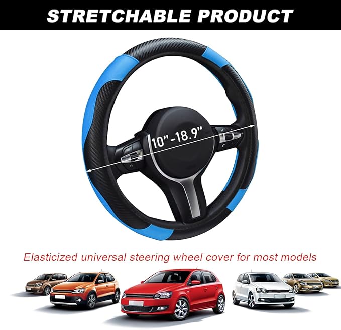 Car Steering Wheel Cover, 15 Inch Carbon Fiber Leather Stitching Color Steering Wheel Protector, Anti-Slip Elastic Breathable Steering Wheel Cover Stylish Decor for Most Cars (Black&Blue)