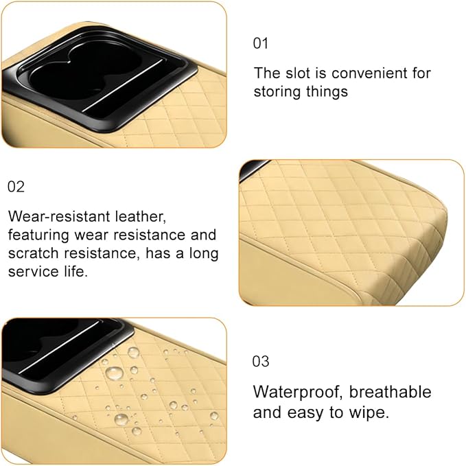 Car Center Console Armrest Pillow, Leather Vehicle Middle Console Protection Cushion with Cup & Phone Holder, Waterproof Automotive Arm Rest Box Cover, Universal Fit (Beige Rhombus)