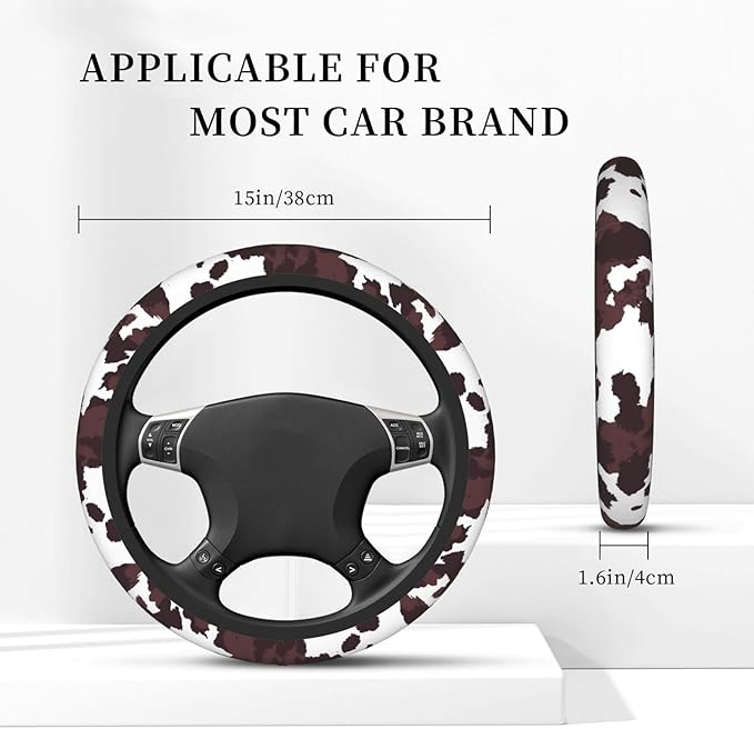 Brown Cow Print Neoprene Steering Wheel Cover for Men Women Anti-Slip Elastic Steering Wheel Protective Cover 15in Universal Car Accessories Fit Cars, SUVs, Auto