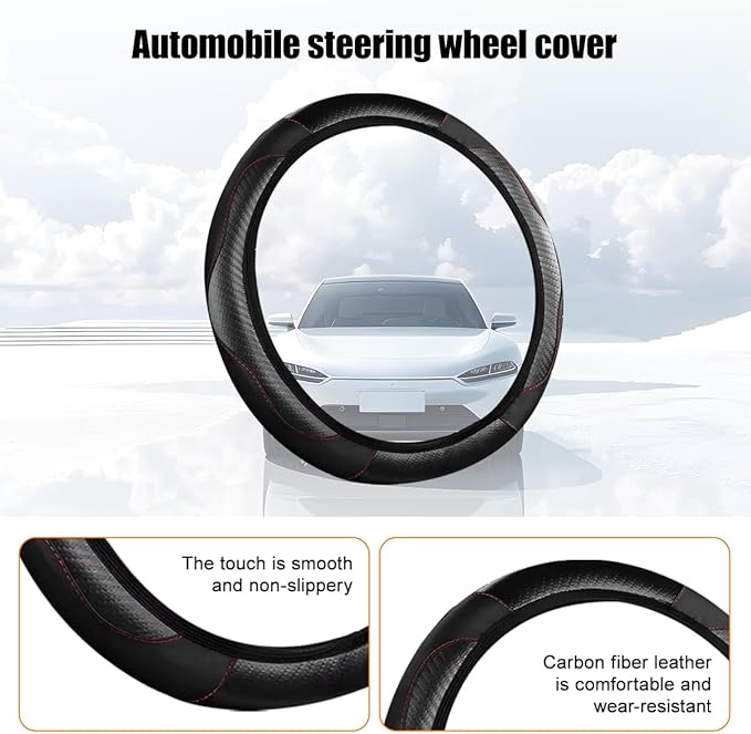Carbon Fiber Car Steering Wheel Cover, 14.5-15 Inch Elastic Stretch Steering Wheel Guard, Sports Style Non-Slip Automotive Interior Accessories, Universal for Vehicles (Black)