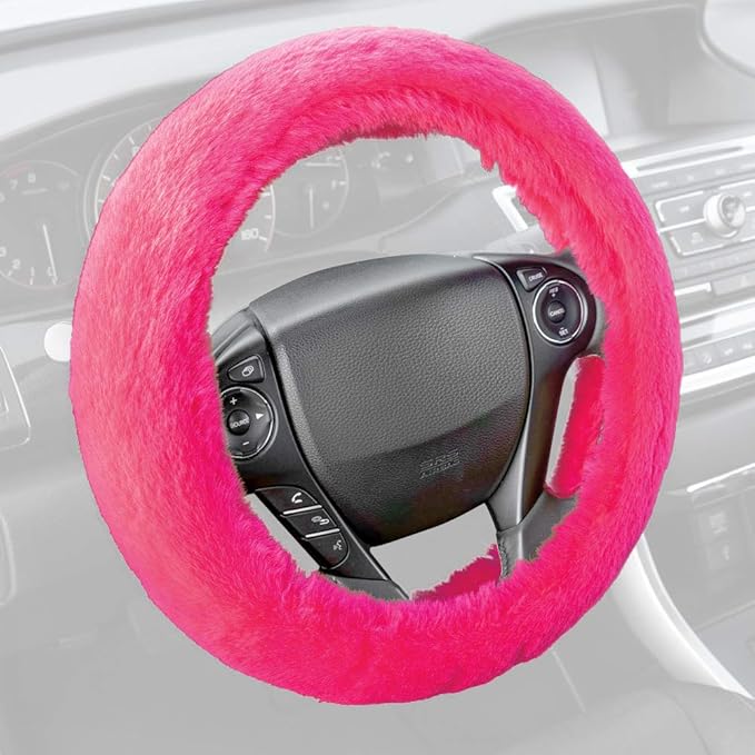 Carbella Faux Fur Steering Wheel Cover for Women – Wool Sheepskin Fluffy Fleece Warm and Cozy Comfort for Hands in Winter, Fits Most Steering Wheel Sizes 14.5 - 15 inch, Hot Pink