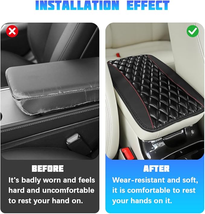 Car Center Console Cover, Comfortable PU Leather Vehicle Armrest Storage Box Cushion Pad, Anti-Scratch Automotive Interior Arm Rest Cover Protector, Universal for Truck SUV Sedan (Black)